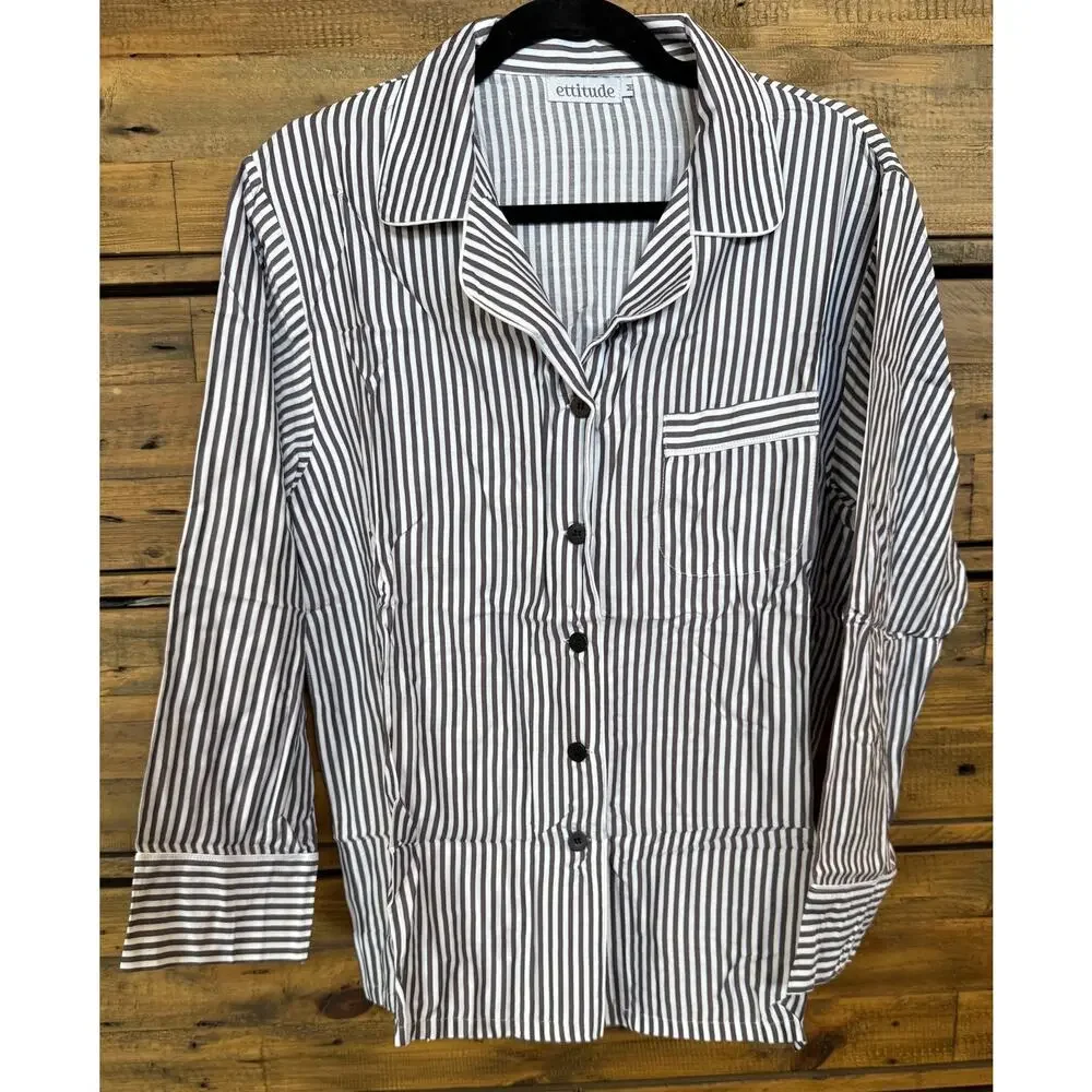 Ettitude Pajama Shirt Womens Small Gray White Striped 100% Bamboo Lyocell Top - Picture 2 of 8